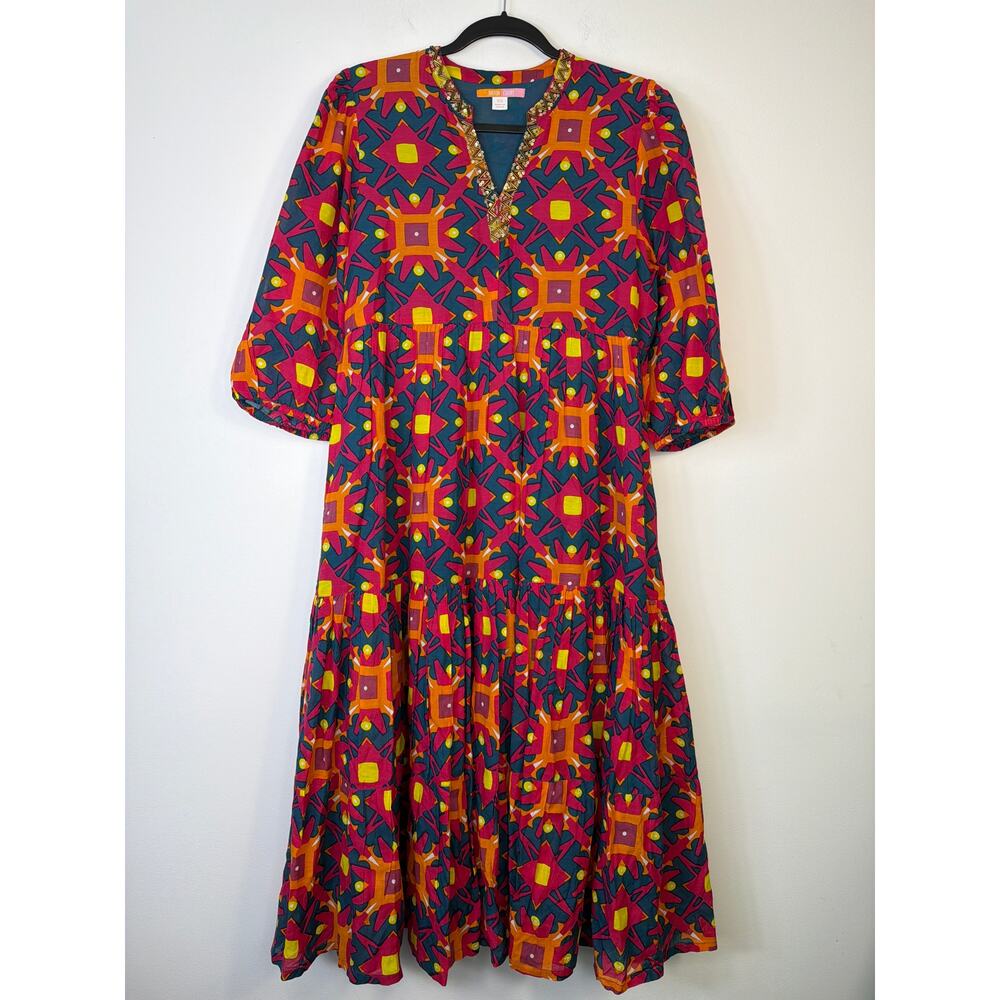 Briton Court Jewel Starburst Tiered Dress Sequin Neck Resort Small Boho Resort